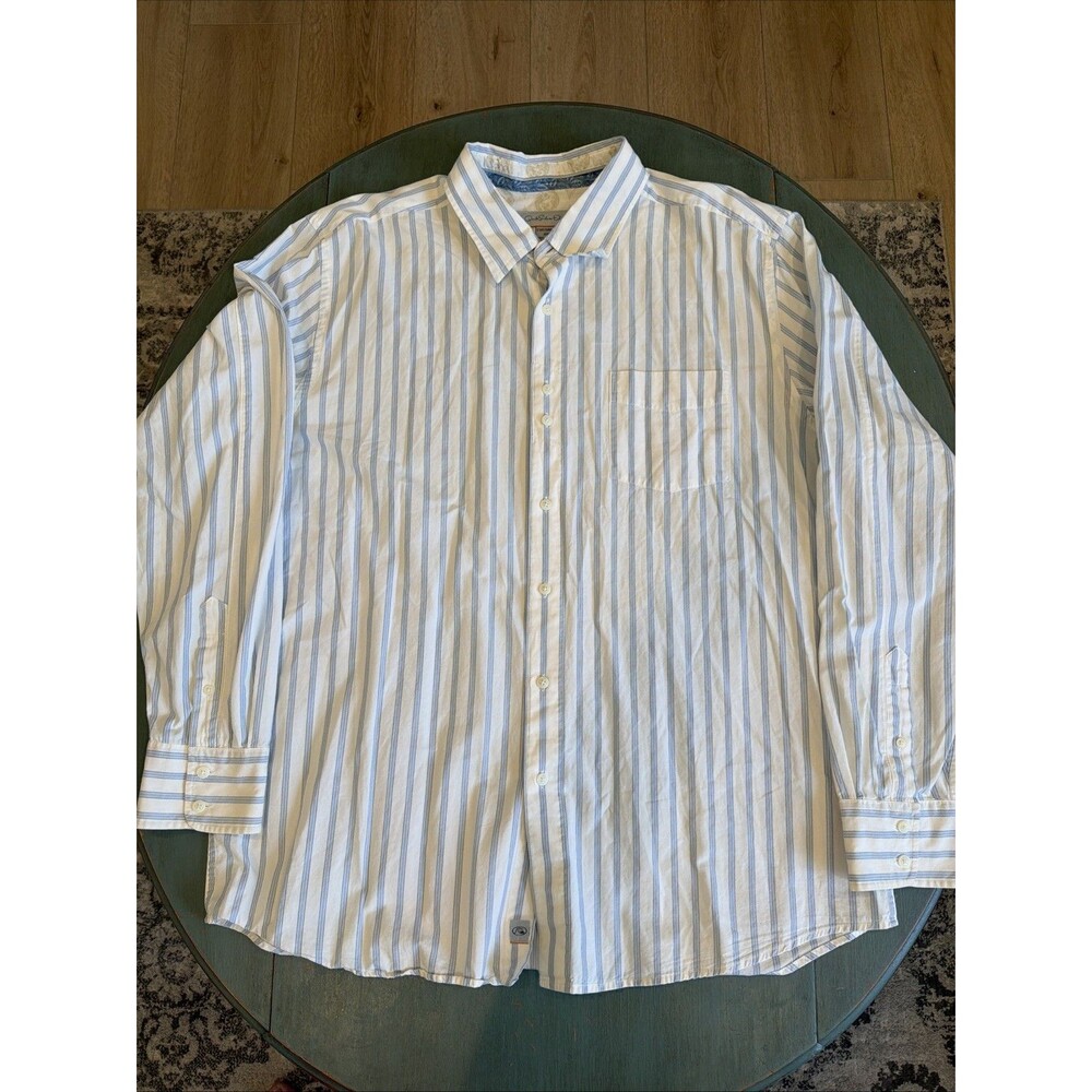 Quiksilver Edition Shirt XXL Mens Blue White Striped Fish Embroidered Cotton